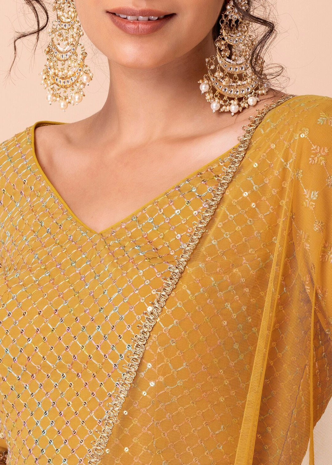 Mustard Yellow Georgette Lehenga Choli With Sequins Zari Embroidered Work