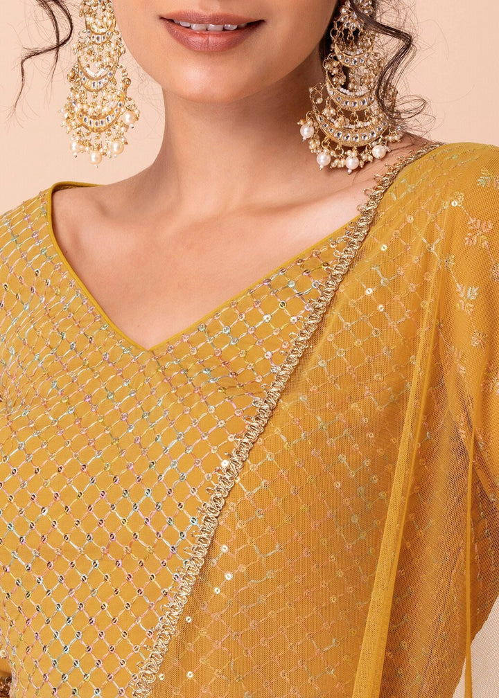 Mustard Yellow Georgette Lehenga Choli With Sequins Zari Embroidered Work