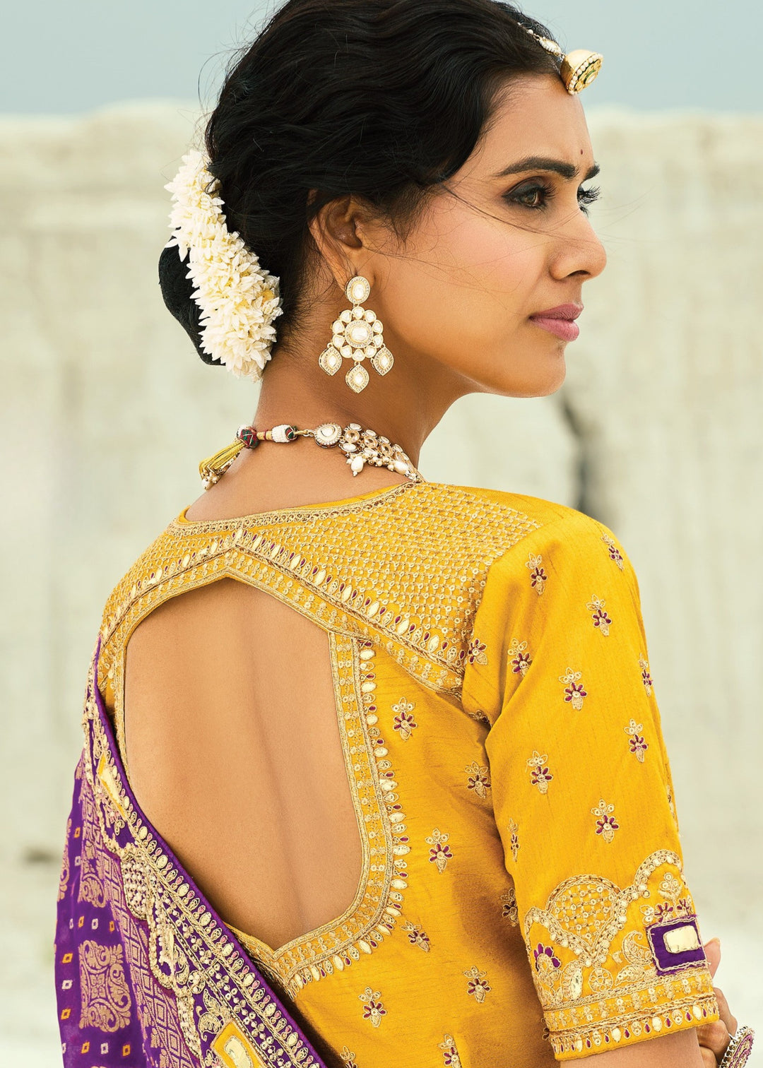 Indigo Purple Georgette Bandhej Saree With Moti & Cut-Dana Handwork Border