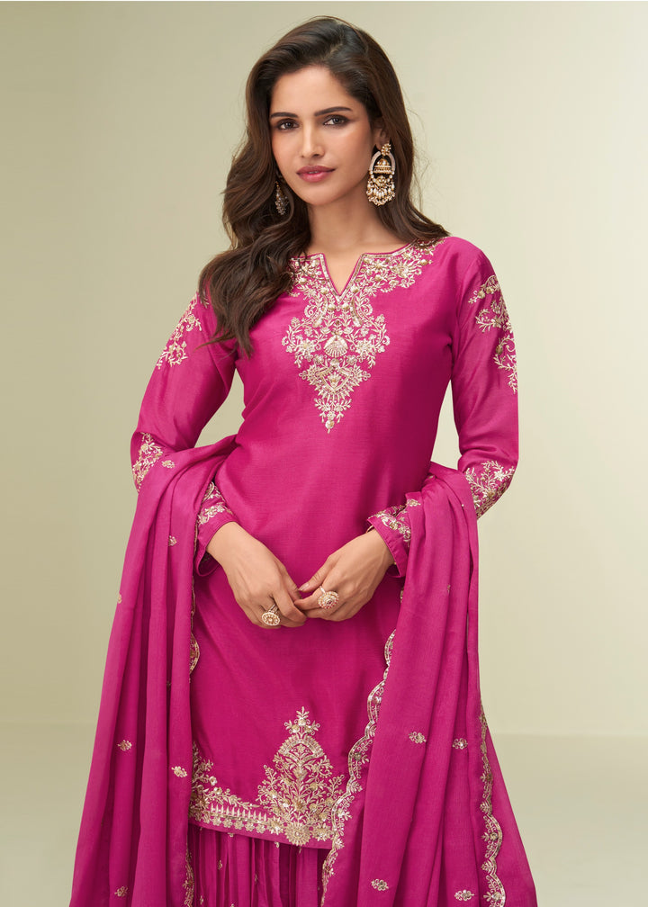 Bright Magenta/Pink With Golden Embroidery Chinnon Silk Salwar Suit