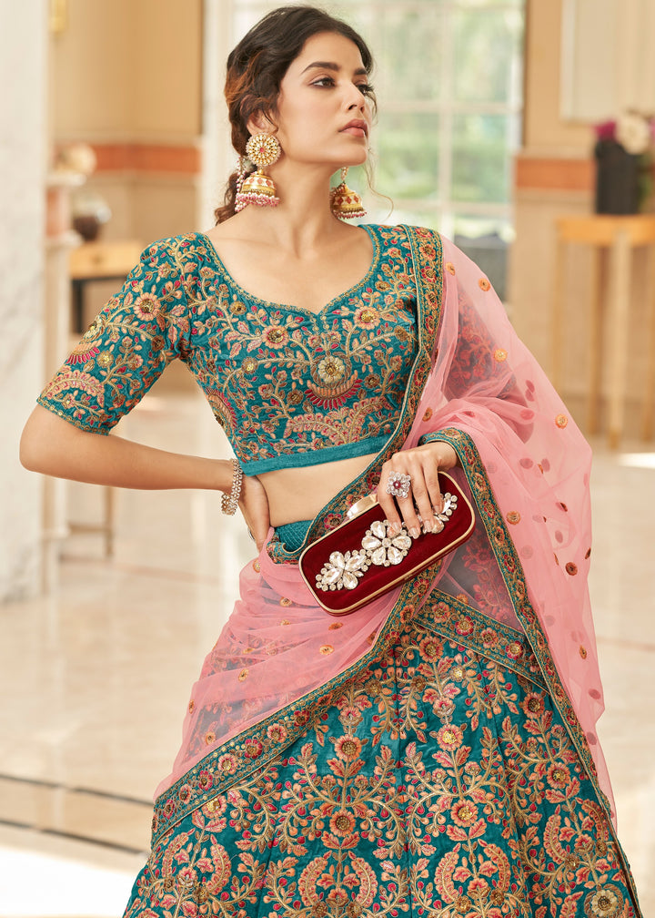 Cerulean Blue Velvet Lehenga Choli With Thread & Zari Embroidery Work