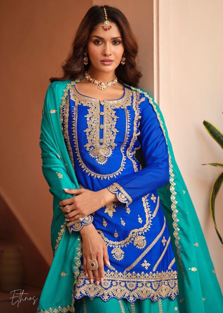 Royal Blue And Teal Green Silk Salwar Suit