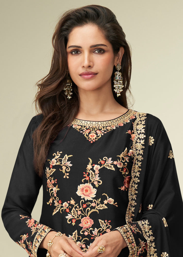 Raven Black Chinon SIlk Plazo Suit With Embroidered Work