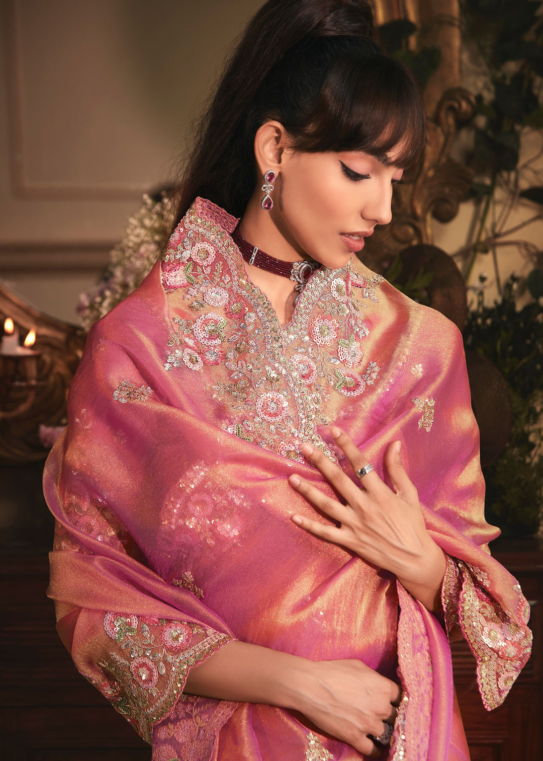 Deep Rose Pink Tissue Organza Saree With Heavy Embroidery