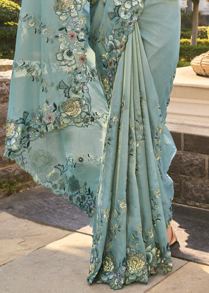 Sea Green Pure Orgenza Saree With Thread Work