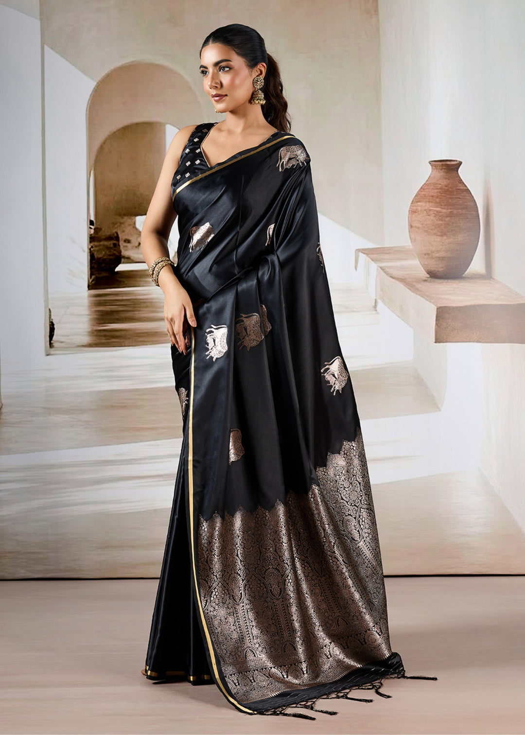 Black Pure Satin Handloom Weaving Saree