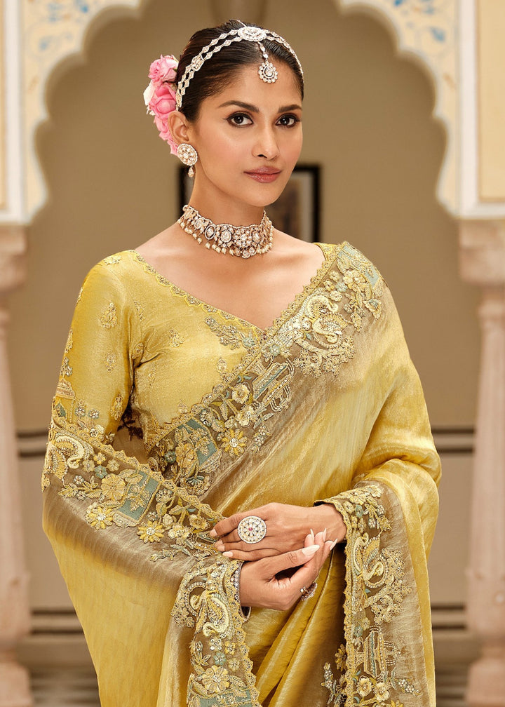 Golden Yellow with Antique Gold embroidery Silk Saree