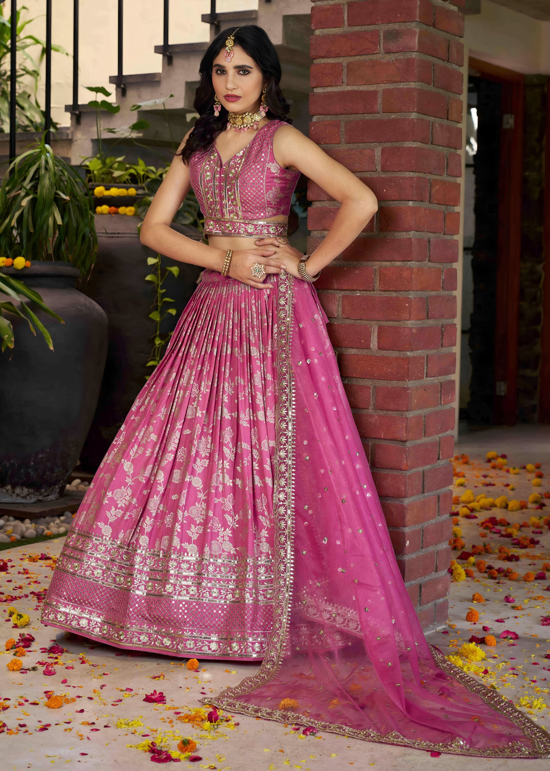 Pink Sequins and Zari Embroidery Work Silk Lehenga
