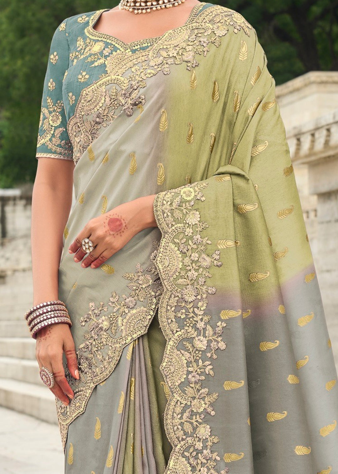 Soft Grey Silk Saree With Embroidery Cut and Butti Work
