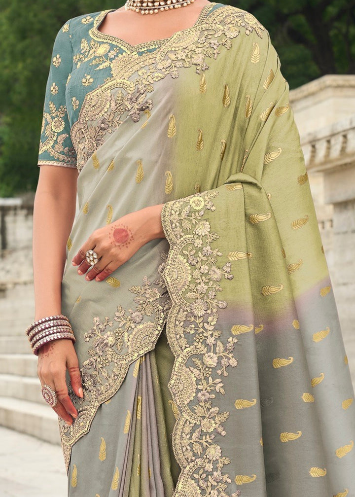 Soft Grey Silk Saree With Embroidery Cut and Butti Work