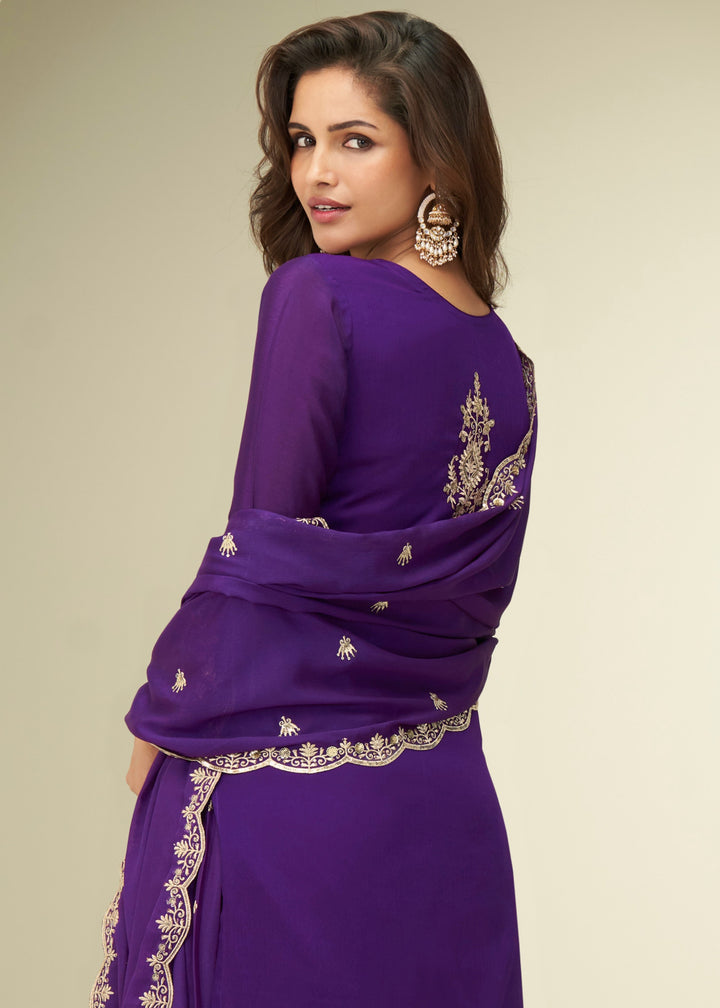 Deep Royal Purple With Golden Embroidery Chinnon Silk Salwar Suit