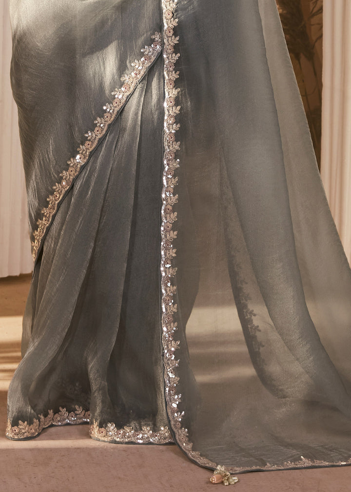 Slate Grey Fancy Silk Saree With Printed Blouse