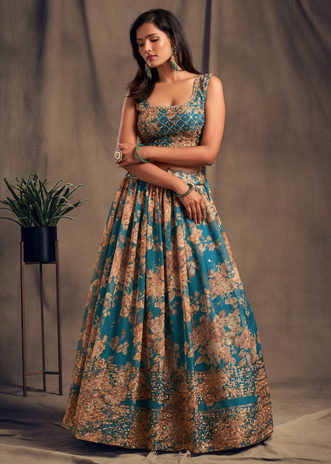 Teal Blue Organza Lehenga Sequins Zari Embroidery Work