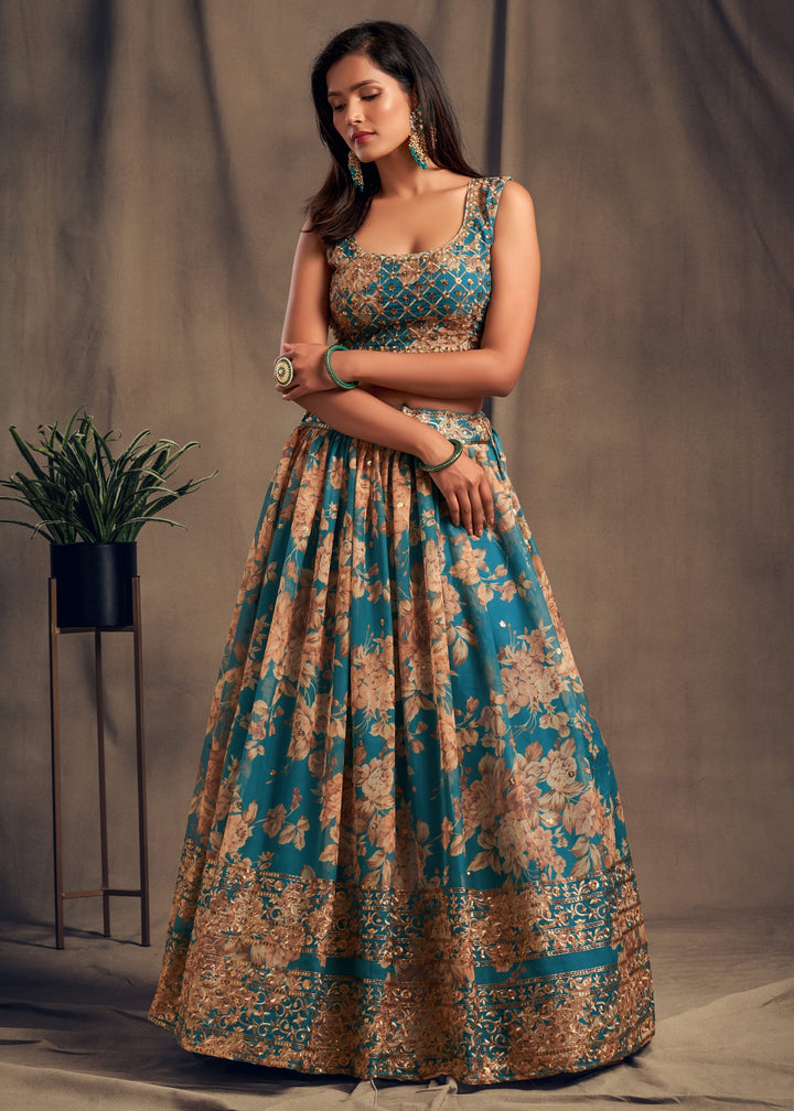 Teal Blue Organza Lehenga Sequins Zari Embroidery Work