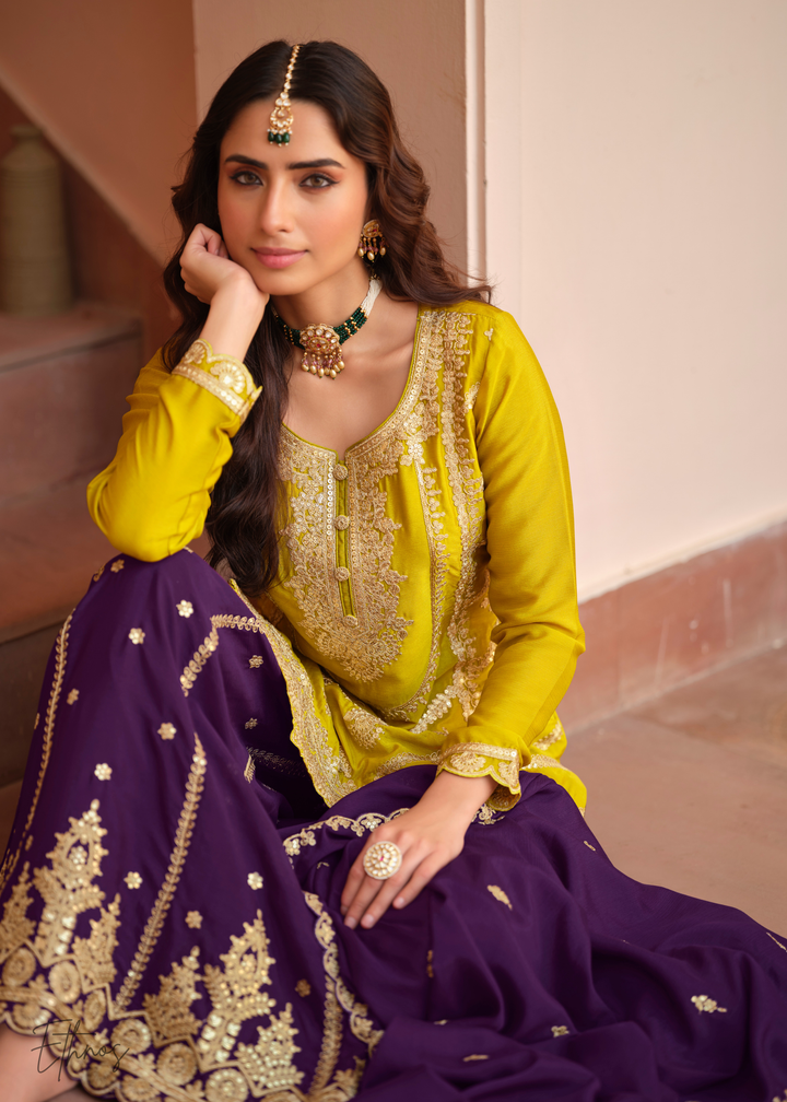 Mustard Yellow And Deep Purple Silk Salwar Suit