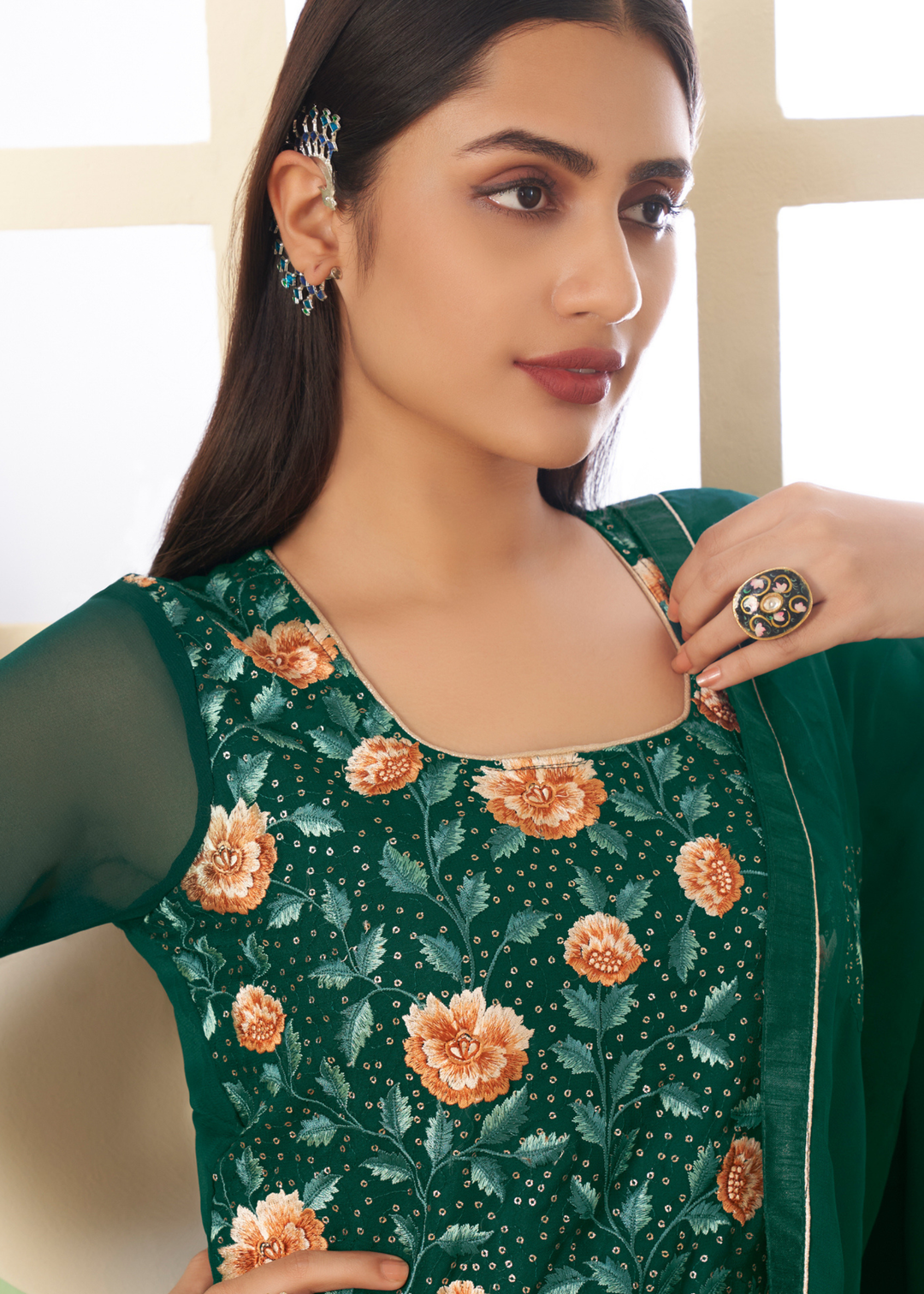 Cadmium Green Georgette Salwar Suit with Multi Colour Thread Embroidery & Sequence work