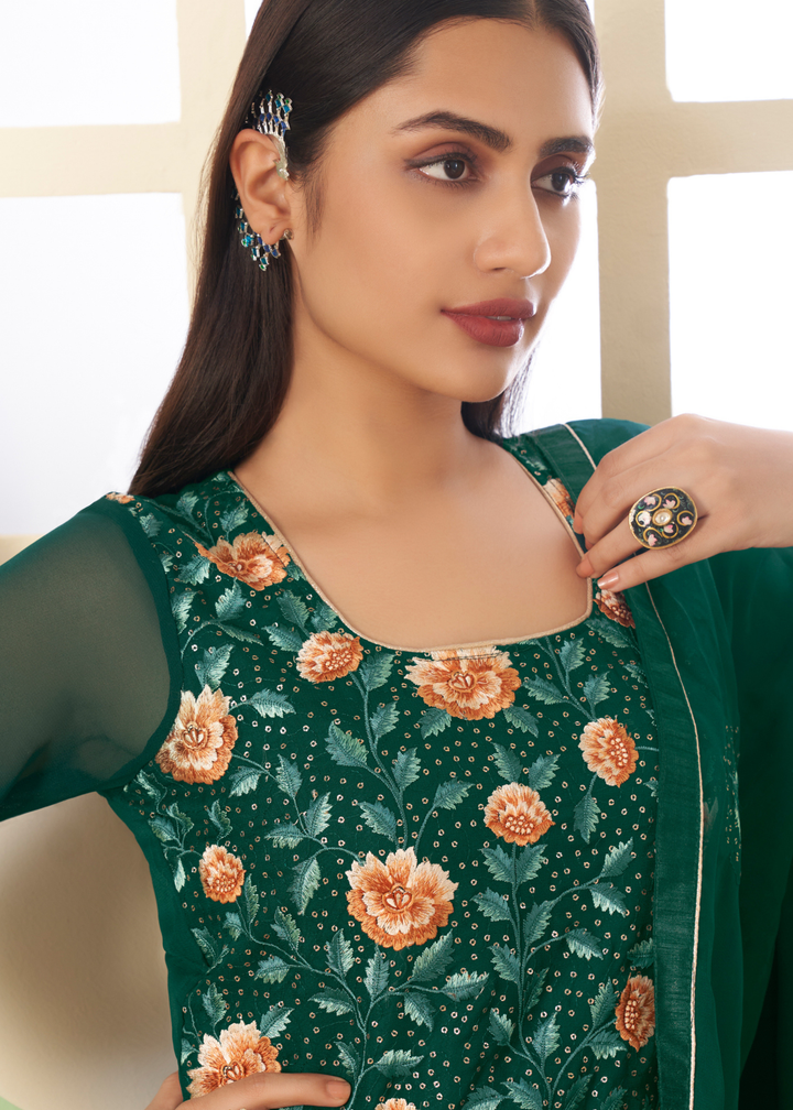 Cadmium Green Georgette Salwar Suit with Multi Colour Thread Embroidery & Sequence work