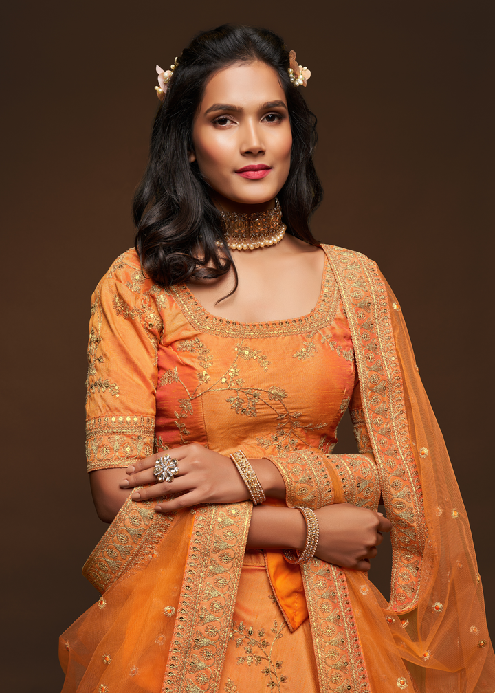 Pumpkin Orange Silk Lehenga Choli with Thread,Zari,Dori & Sequins work
