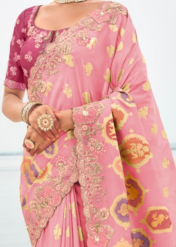 Peach Silk Saree With Embroidery Cut and Butti Work