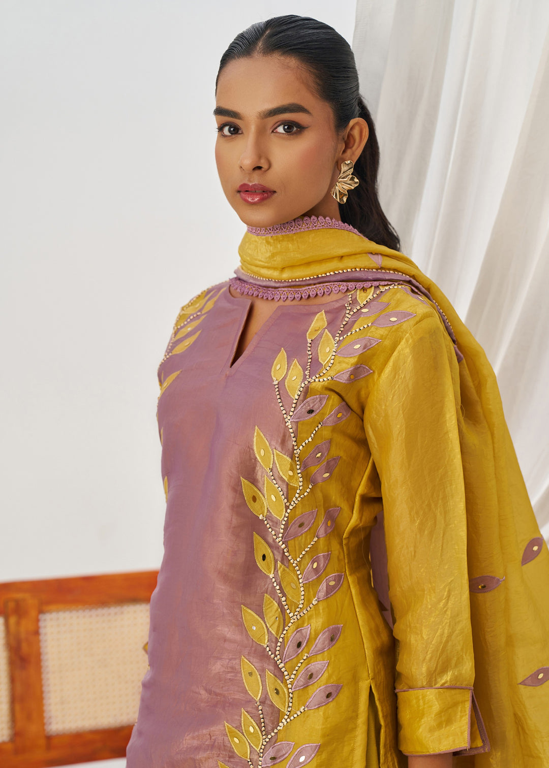 Mustard Yellow Silk Pant Suit With Embroidery Work