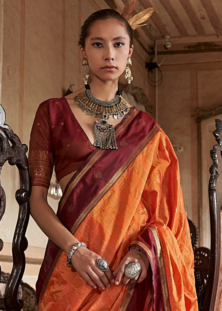 Orange Tussar Silk Handloom Weaving Saree