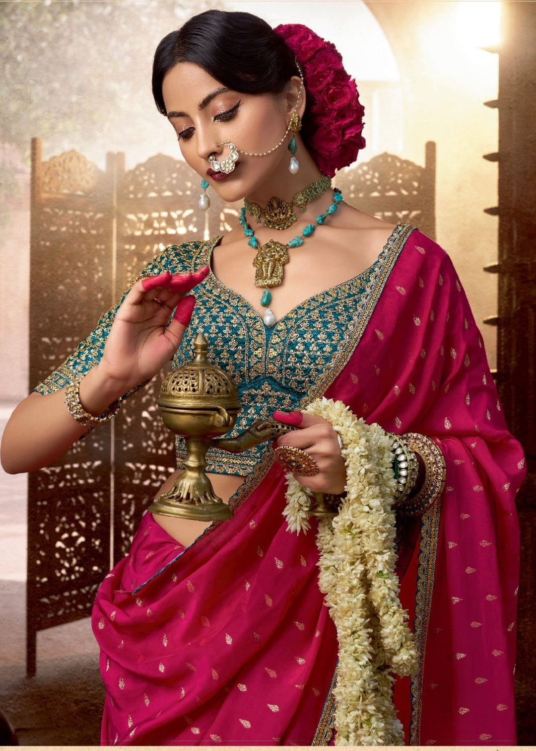 Red Pink Pure Viscous Crepe based fabric with Hand dying & Butti weaving Saree