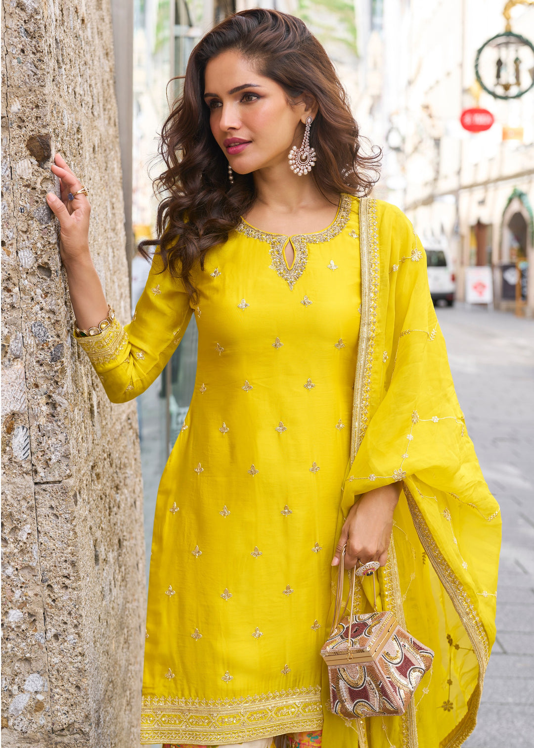 Pineapple Yellow Chinon SIlk Palazzo Suit With Embroidered Work : Top Pick