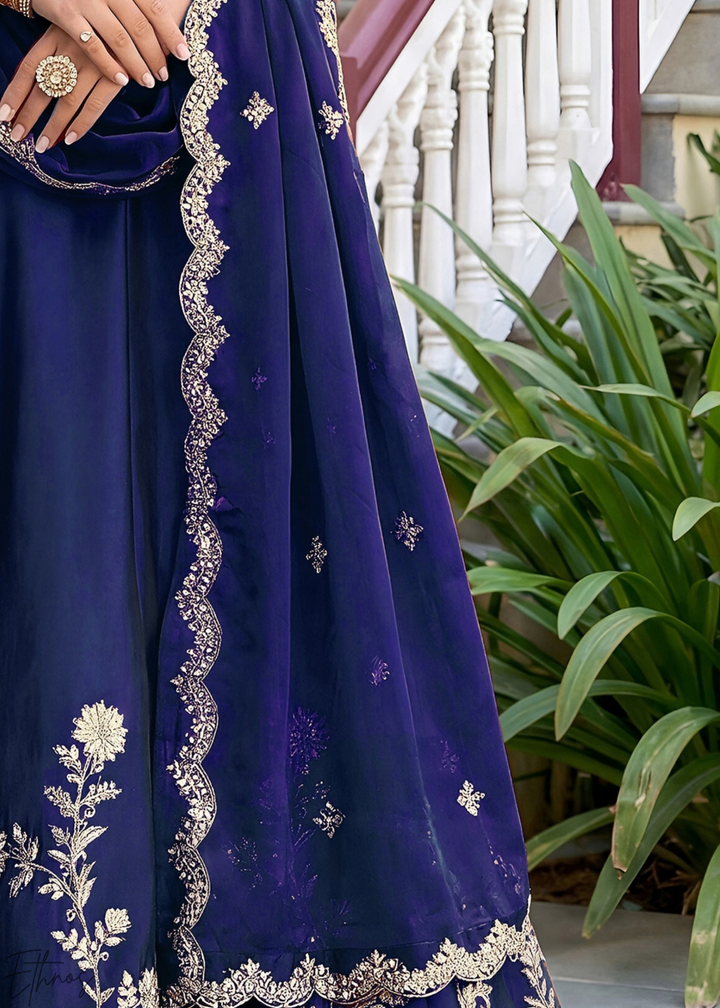 Deep Sapphire Floret Zari Rangoli Silk Lehenga