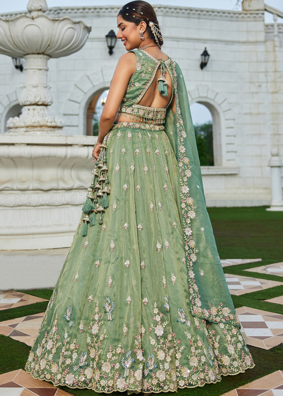 Green Tissue Lehenga Choli with Beads & Sequince Embroidered