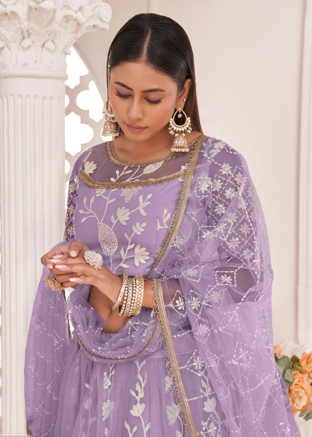 Lavender Designer Soft Net Lehenga With Cotton Thread And Sequins Embroidery Work