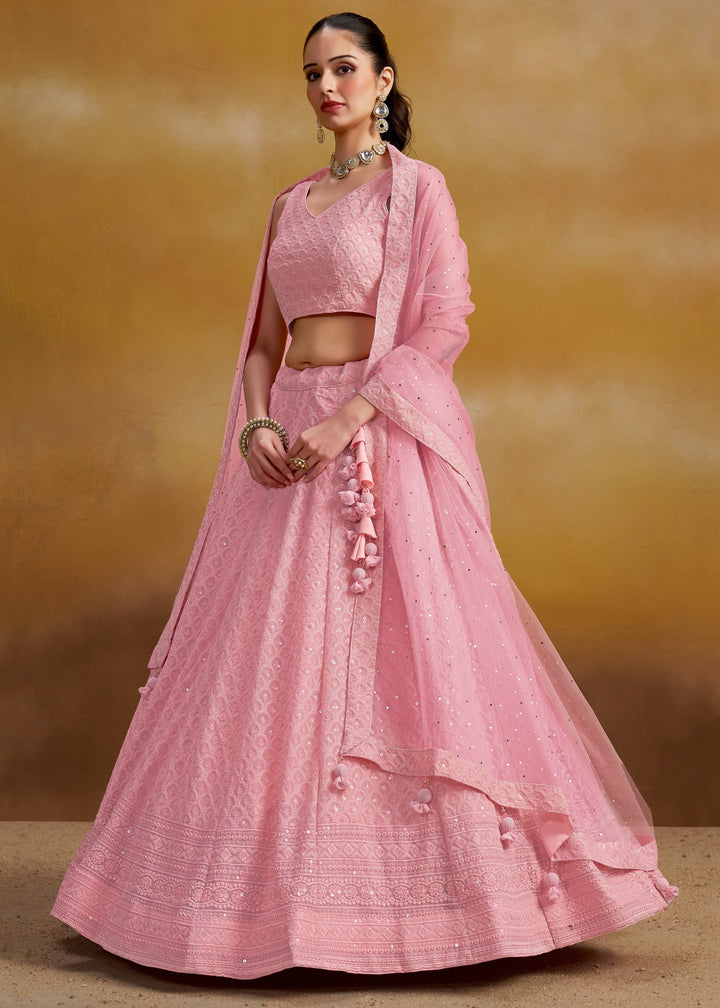 Light Pink Georgette Lehenga With Sequins and Thread Embroidered Work