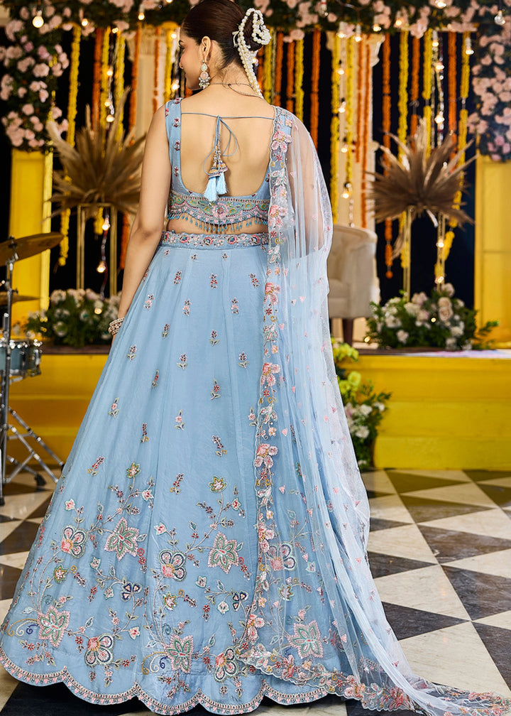 Sky Satin Silk Lehenga Choli with Sequinned Embroidered