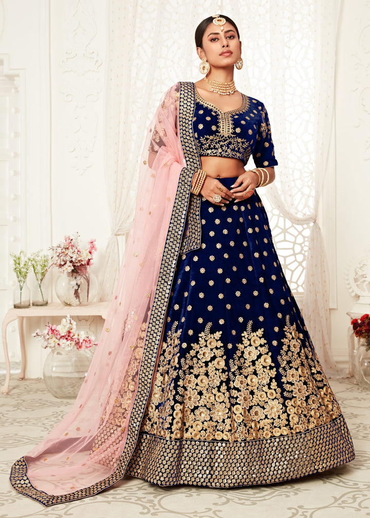 Navy Blue Velvet With Zari & Thread embroidery With Diamond Work Bridal Lehenga