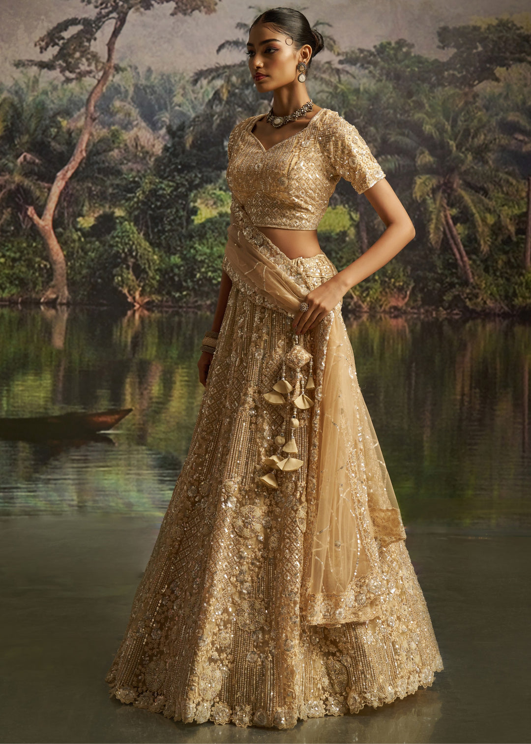Golden beige Soft Net Lehenga with heavy embroidery