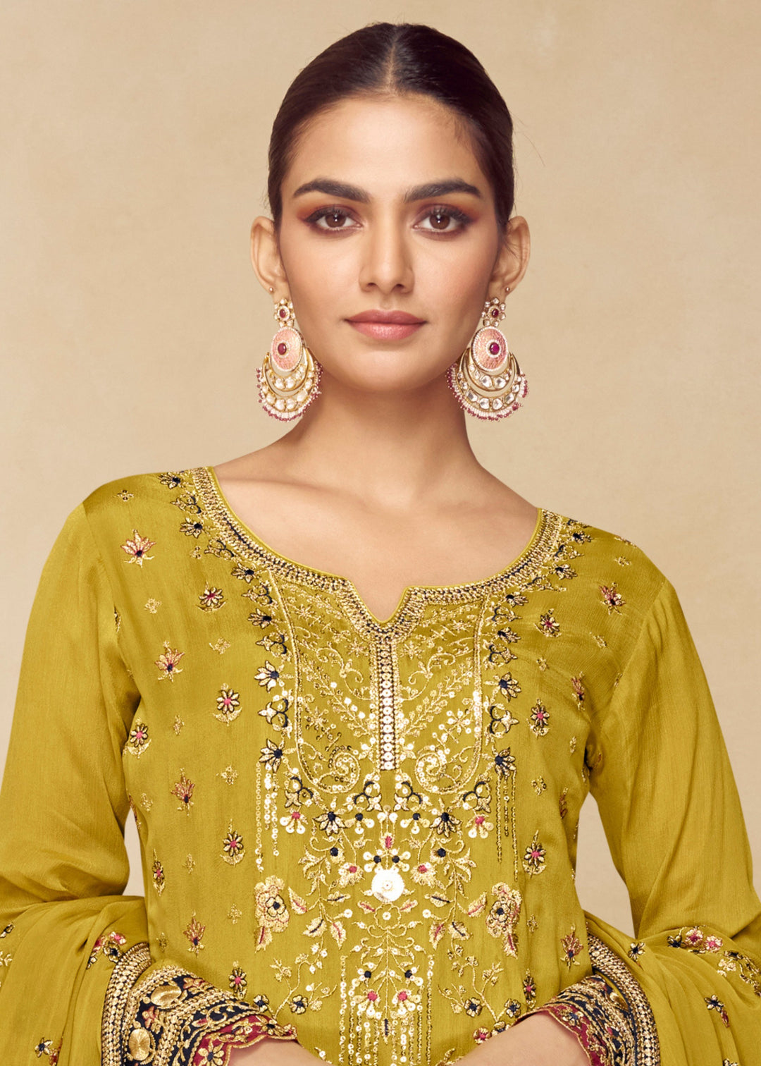 Citrine Yellow Chinon Palazzo Silk Suit With Beautiful Embroidery Work