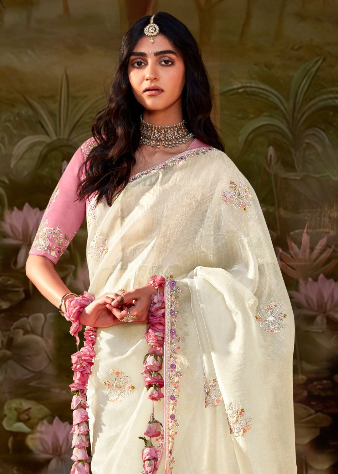Pink And White Saree With Embroidery And Handwork Designer Cut Border