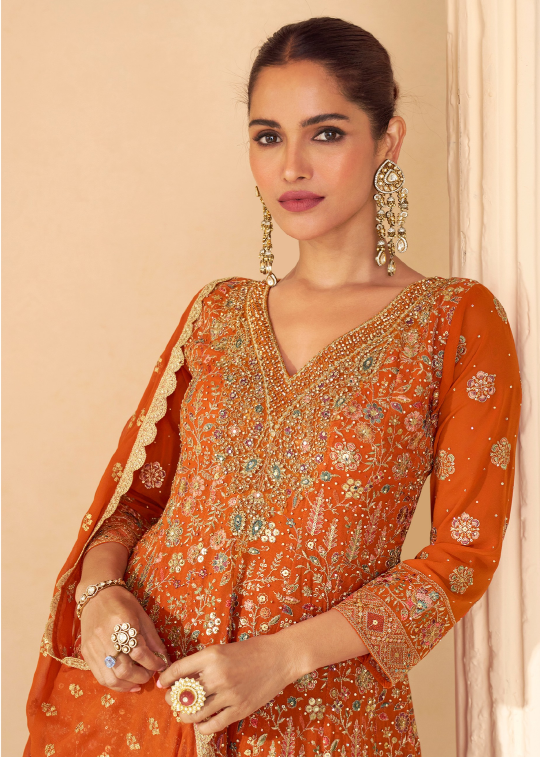 Burnt Orange With Intricate Prints Georgette Palazzo Suit