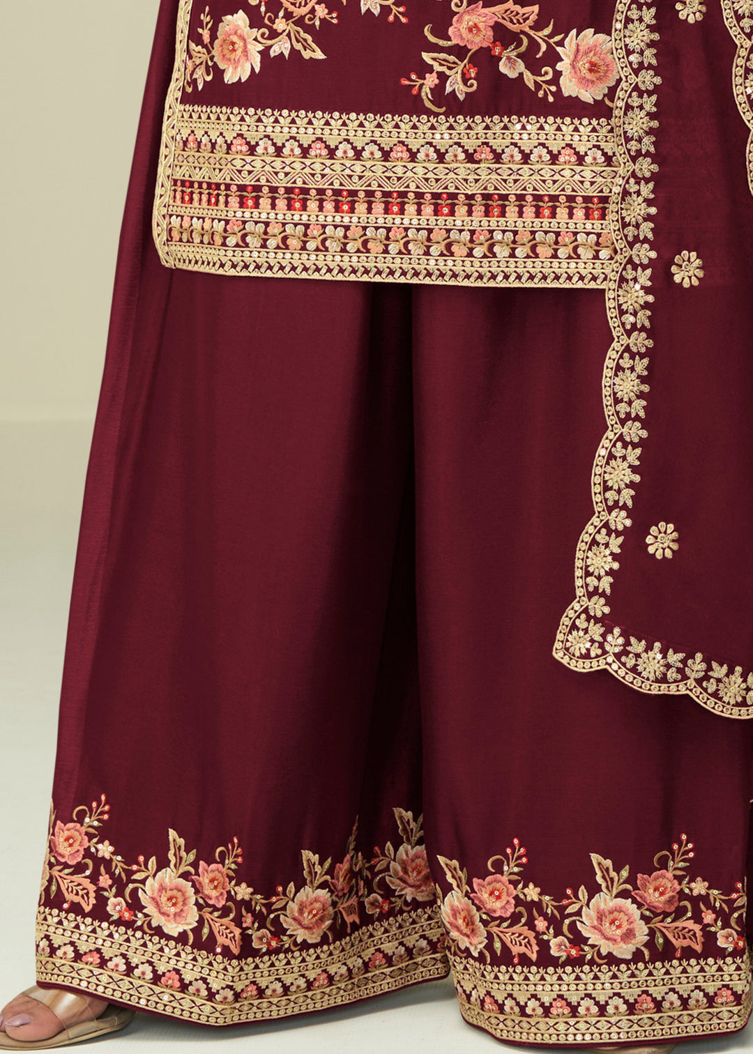Currant Red Chinon SIlk Plazo Suit With Embroidered Work