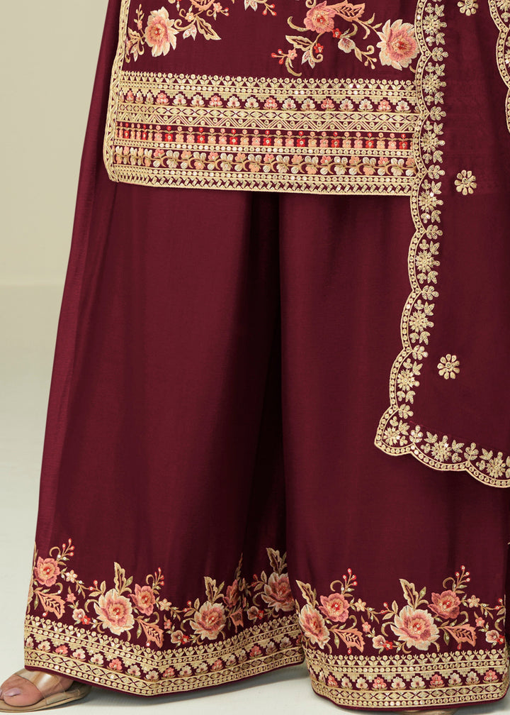 Currant Red Chinon SIlk Plazo Suit With Embroidered Work
