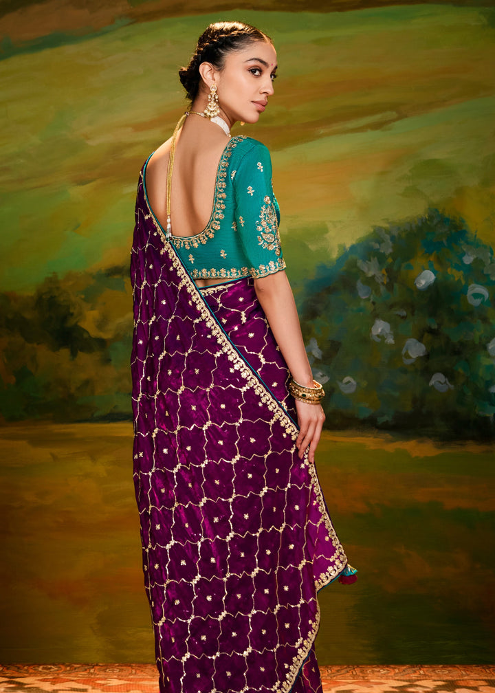 Plum Purple Saree With Embroidery And Handwork Designer Cut Border