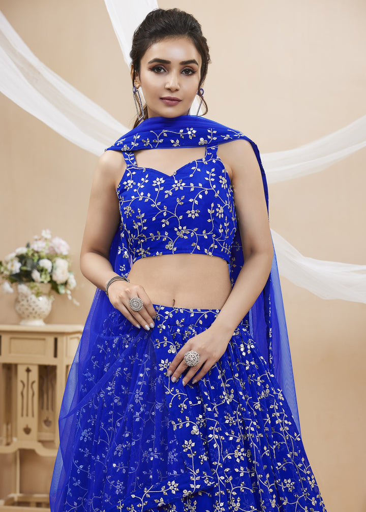 Cobalt Blue Georgette Lehenga Choli With Sequins Zari Embroidered Work