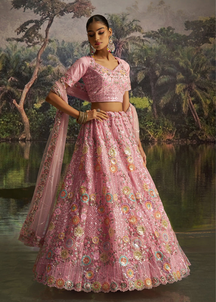 Bright Pink Soft Net Lehenga With Multicolor Floral Embroidery