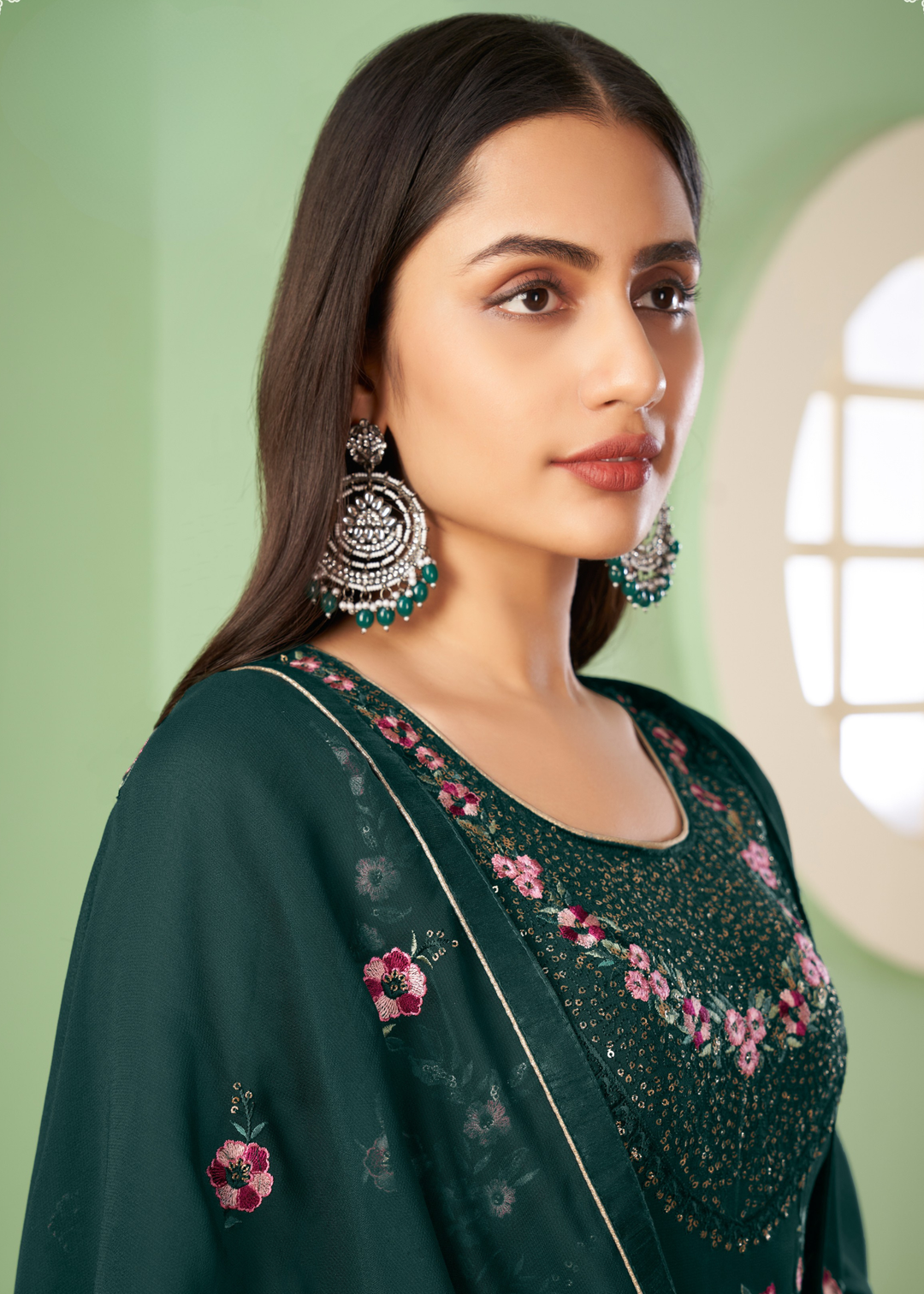 Pine Green Georgette Salwar Suit with Multi Colour Thread Embroidery & Sequence work