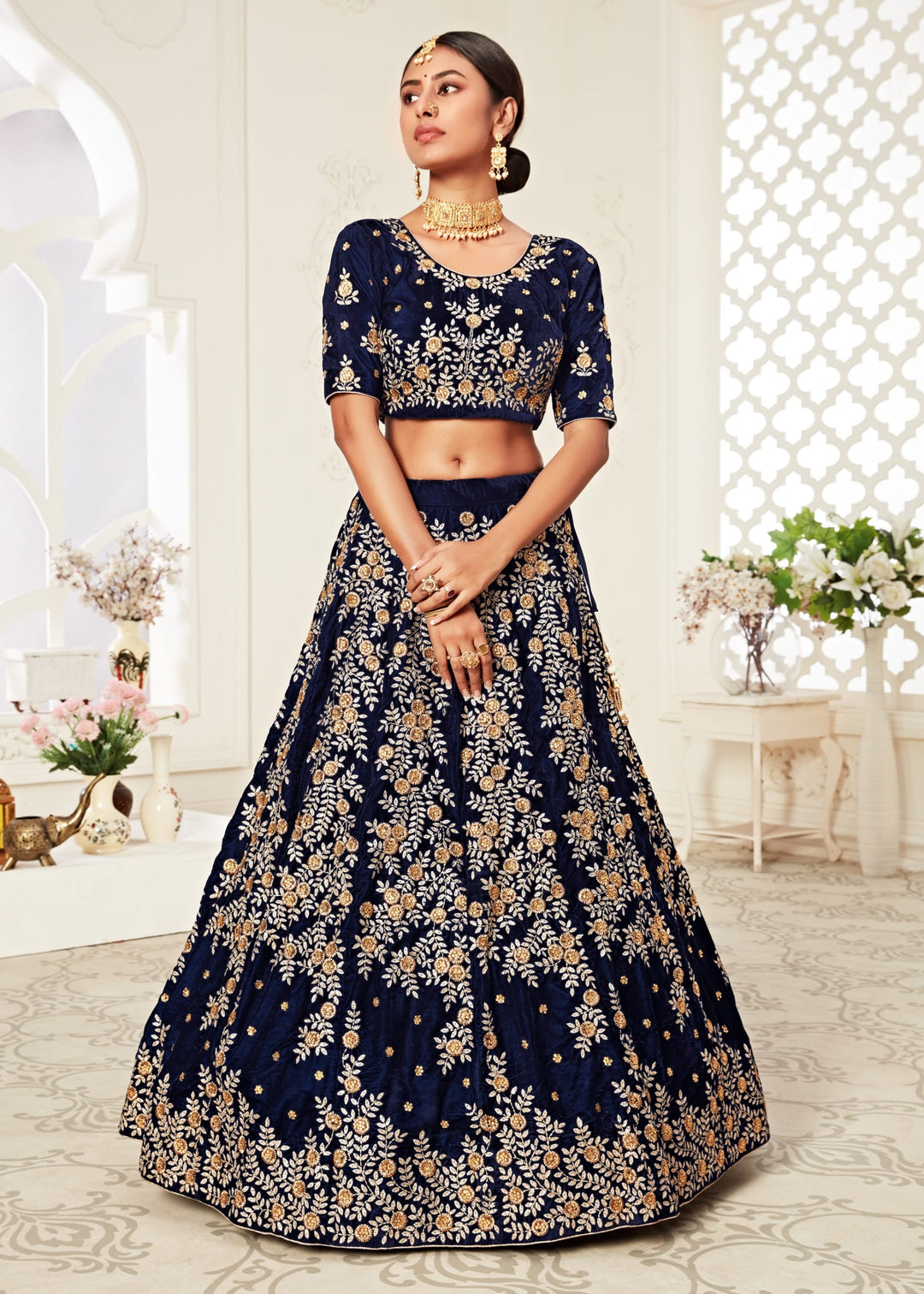 Navy Blue Velvet Lehenga With Zari & Thread embroidery With Diamond Work