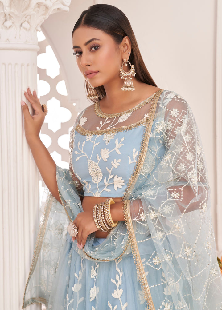 Sky Blue Designer Soft Net Lehenga With Cotton Thread And Sequins Embroidery Work