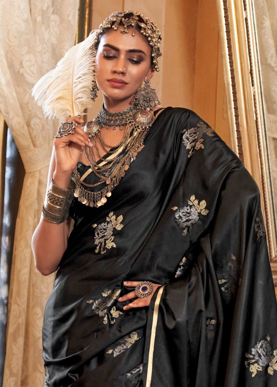 Black Pure Satin Handloom Weaving Silk Saree