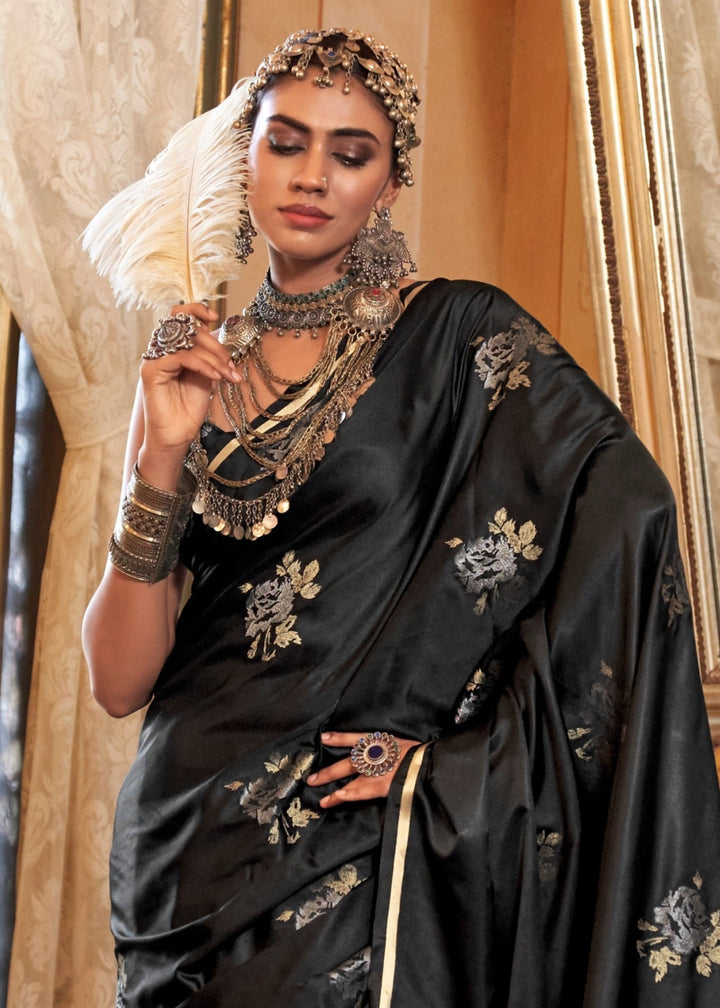 Black Pure Satin Handloom Weaving Silk Saree