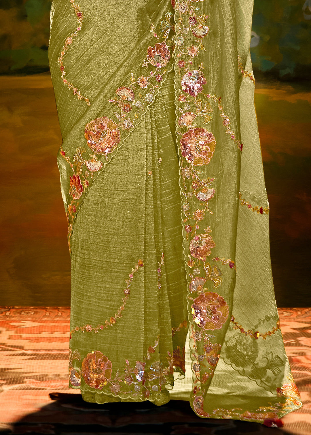 Pear Green Saree With Embroidery And Handwork Designer Cut Border