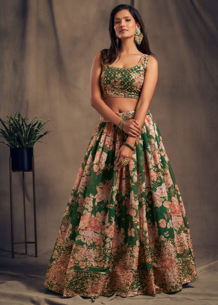 Green Organza Lehenga Sequins Zari Embroidery Work