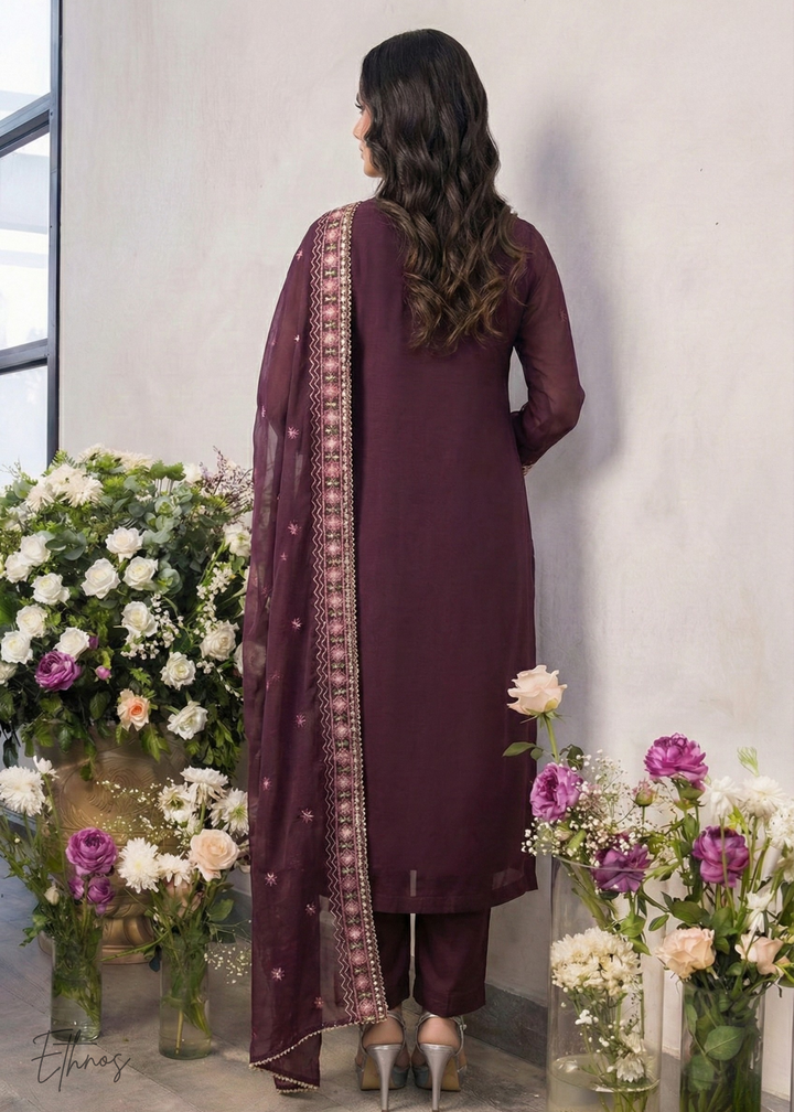 Wine-Plum with Muted Gold Embroidery Pant Suit